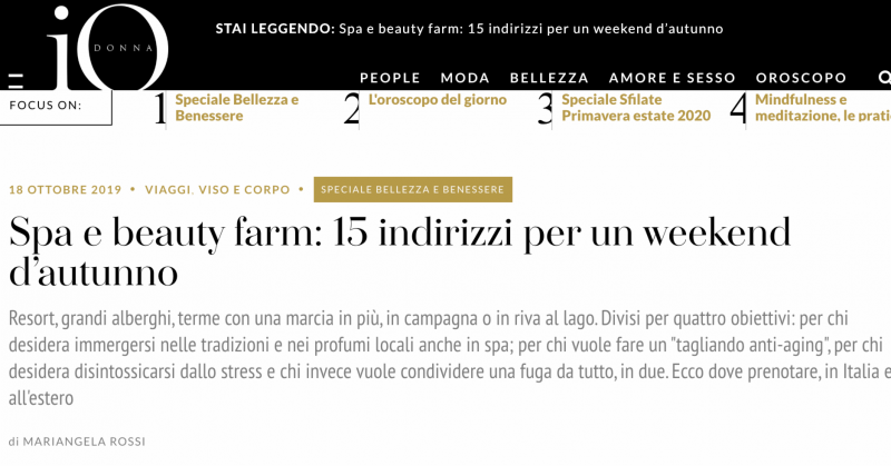 IO DONNA – Spa e beauty farm: 15 indirizzi per un weekend d’autunno – 18 ottobre 2019